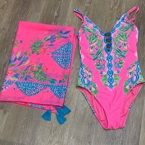 Lilly Pulitzer Jaspen One-Piece Havana Pink bathing suit and sarong set size 2